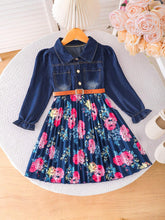 Kids Young Girls' Fashion Denim Patchwork Printed Pleated Hem Vacation Faux Layered Dress